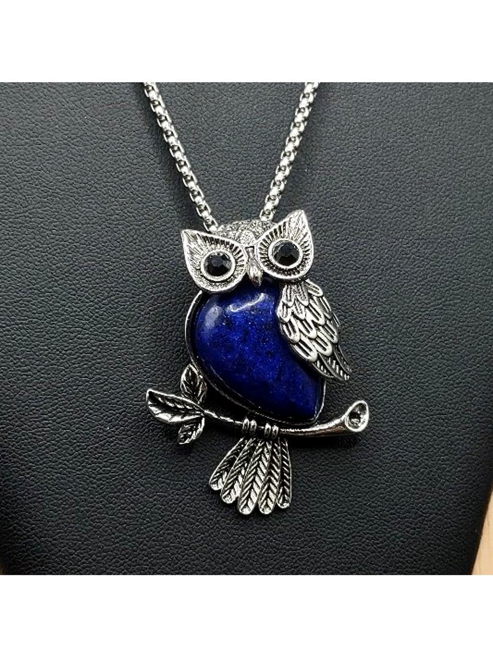 Silver Blue Dye Agate Owl Necklace Women's Boho Vtg Fashion Bird Jewelry Gift